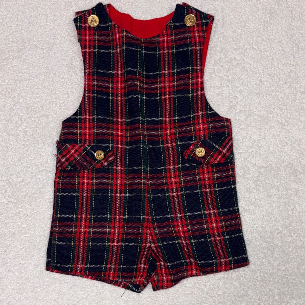 Good Lad Navy and Red Plaid Romper jon Jon Gold Buttons wool blend boys 2t